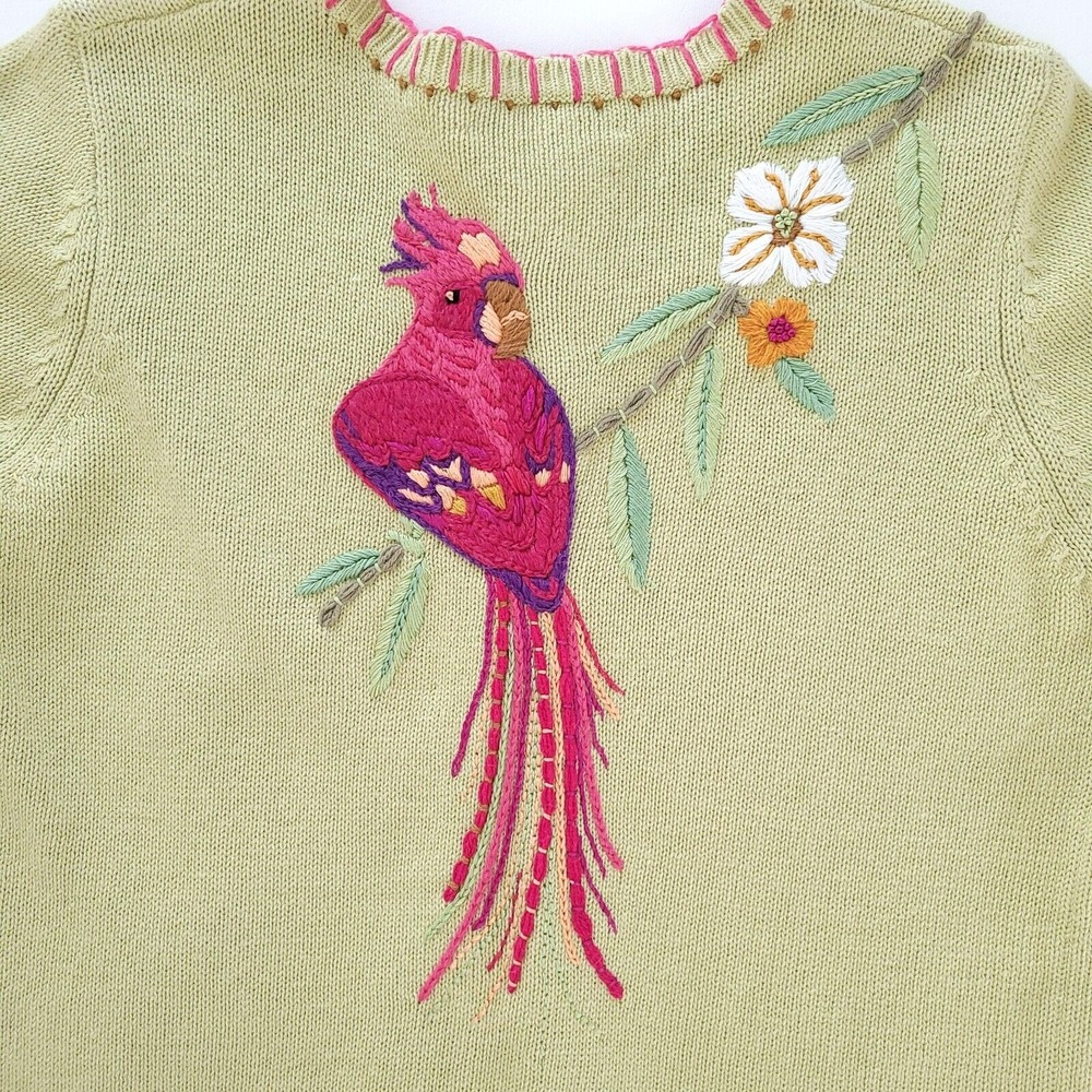 Susan Bristol Carigan Womens Medium Green Hand Embroidered Parrot Cottagecore
